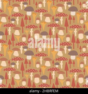 Mushrooms endless background. Decorative seamless pattern on yellow background. Stock Vector