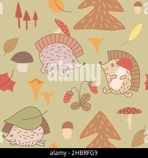 Hand drawn seamless pattern with Hedgehogs, leaves, firs, mushrooms. Stock Vector