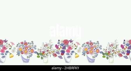 Flower bouquet seamless vector border. Repeating horizontal pattern vases with various flowers. Stock Vector