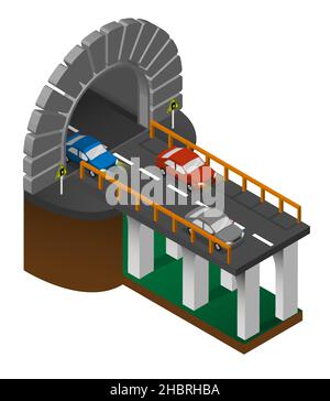 entrance to automobile tunnel with section of bridge and cars. Automobile bridge with arched tunnel in mountains. Vector Stock Vector