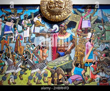 Cusco, Peru - 05 April 2015:  fragment of Great Mural of Cusco on the wall depicting indigenous persons engaged in a battle with Spanish Conquistadors Stock Photo