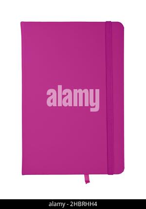 Closed purple violet faux leather cover notebook isolated on white background, flat lay, directly above Stock Photo