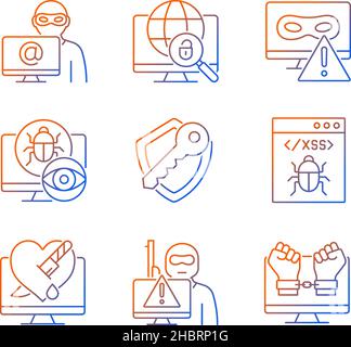 Cyber attacks types gradient linear vector icons set Stock Vector