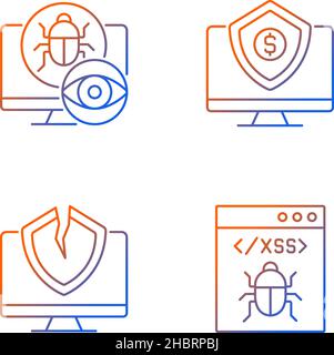 Computer vulnerability exploitation gradient linear vector icons set Stock Vector