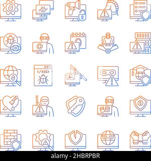 Hacker attack gradient linear vector icons set Stock Vector