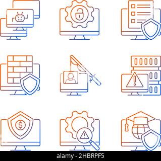Cybercrime and its prevention gradient linear vector icons set Stock Vector