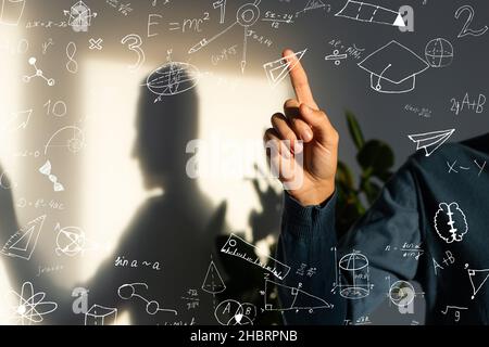 science, chemistry, people, future technology and cyberspace concept - close up scientist touching virtual chemical formula hologram Stock Photo