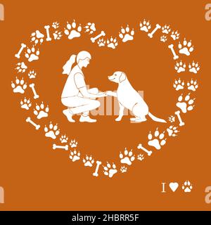 Vector illustration Woman and labrador playing together Dog gives paw on background of dog tracks, bones in the shape of heart Owner teaching pet comm Stock Vector