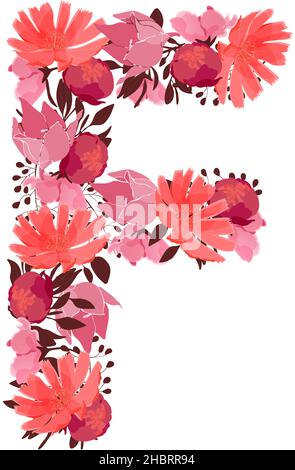 Vector Floral Letter, Capital Character U. Botanical Monogram. Pink,  Maroon, Coral Color Flowers In The Shape Of A Bold Letter Isolated On White  Background. Chicory, Peonies, Lilies With Branches. Royalty Free SVG