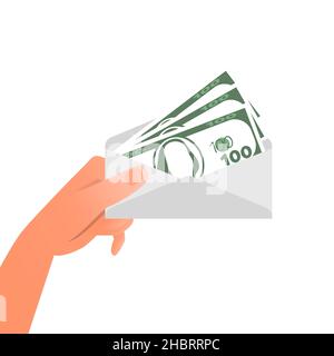 Hand is holding envelope with dollar banknotes. Stock Vector