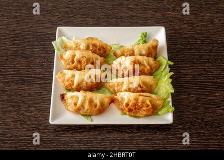The Japanese call them gyozas, but this type of dumplings are present in cookbooks throughout Asia. Stock Photo