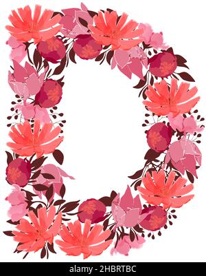 Vector floral capital letter, character D. Botanical monogram. Pink, maroon, coral color flowers. Stock Vector