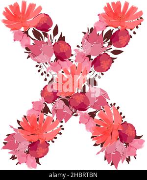 Vector floral letter, capital character X. Botanical monogram. Pink, maroon, coral color flowers. Stock Vector