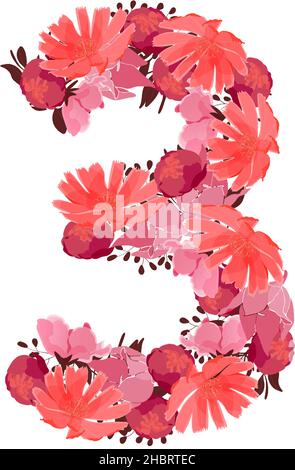 Vector flower number 3. Botanical character, figure. Pink, maroon, coral color flowers. Stock Vector