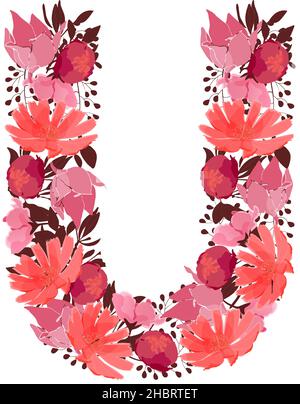 Vector floral letter, capital character U. Botanical monogram. Pink, maroon, coral color flowers. Stock Vector