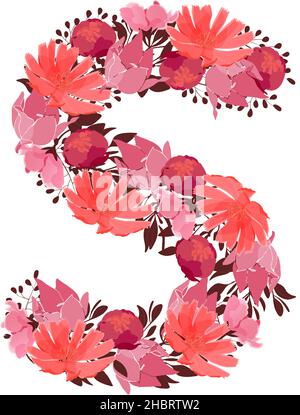 Vector floral letter, capital character S. Botanical monogram. Pink, maroon, coral color flowers. Stock Vector