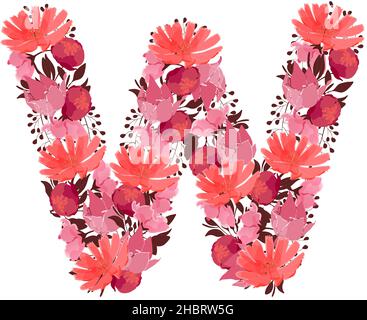 Vector floral letter, capital character W. Botanical monogram. Pink, maroon, coral color flowers Stock Vector