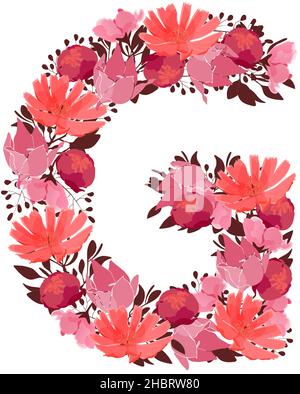 Vector floral lettering, character G. Botanical monogram. Pink, maroon, coral color flowers. Stock Vector