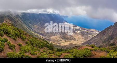 Panoramic view into Valley 'El Golfo' from Mirador de la Llania at El Hierro, Canary Islands Stock Photo