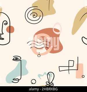 Seamless pattern of abstract shapes, lines and faces in line art style. Stock Vector