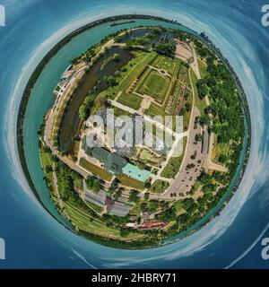 Aerial, spherical view of Anna Scripps Whitcomb Conservatory and surrounding garden walk, view of the Detroit River, Belle Isle, Detroit, Michigan Stock Photo