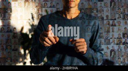 businessman hand pressing button with contact on virtual screens as concept Stock Photo