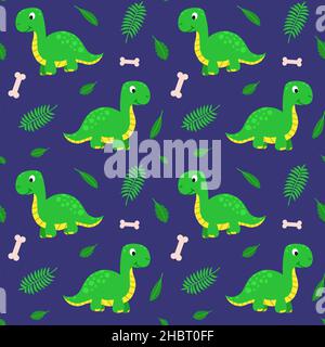 Seamless pattern with funny cartoon dinosaur. Cute print for children clothes, textile, nursery room decor. Baby background for fabric, postcard, wrap Stock Vector