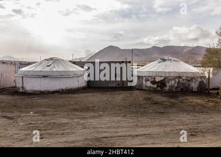 Concrete yurts at a bazaar of Murghab village in Gorno-Badakhshan Autonomous Region, Tajikistan Stock Photo