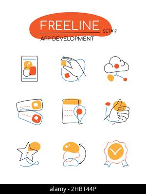 App development - modern line design style icons set in orange color. Smartphone, programming, cloud storage, search bar, rating, customize, testing, Stock Vector
