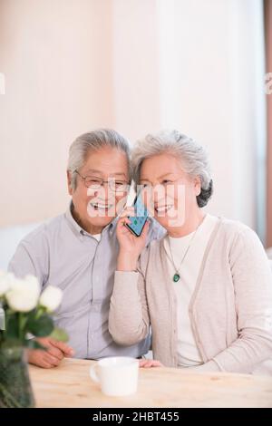 Elderly couple calling at home Stock Photo