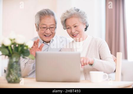Elderly couple using a laptop at home Stock Photo