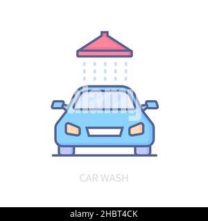Car wash - modern colored line design style icon on white background. Neat detailed image of automobile under streams of water pouring down from above Stock Vector