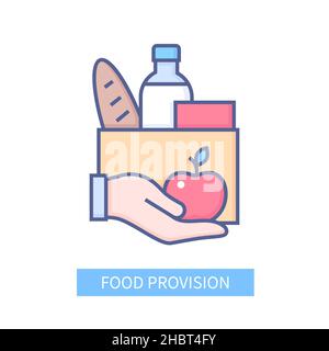 Food provision - modern colored line design style icon on white background. Neat detailed image of supply of the necessary goods. Bread, milk, apple, Stock Vector