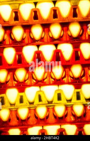 Close-up semi abstract food image of white chicken eggs in colourful crates Stock Photo