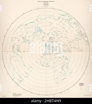 Azimuthal equidistant projection map centered on Madrid Spain ca.  1969 Stock Photo