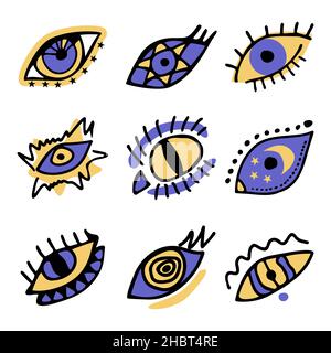 Set of color boho hand drawn magic evil doodle eyes. Collection of esoteric eye different shapes, cat eye, spiral, stars, moon elements vector illustration Stock Vector
