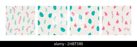Set of vector botanical seamless pattern with decorative pink and green leaves and branches. Trandy design for print. Stock Vector
