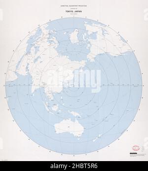 Azimuthal equidistant projection map centered on Tokyo Japan ca.  1990 Stock Photo
