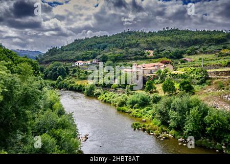 River Tamega from Cavez bridge, where Tras os Montes province separates from Minho province. Portugal Stock Photo