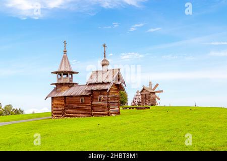 Open air museum Kizhi. Monuments of wooden architecture: churches and  windmill. Kizhi Island, Karelia, Russia. Stock Photo