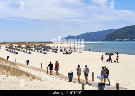 Troia beach and Arrabida mountain range, where the Sado river meets the Atlantic Ocean. Troia, Grandola. Alentejo, Portugal Stock Photo