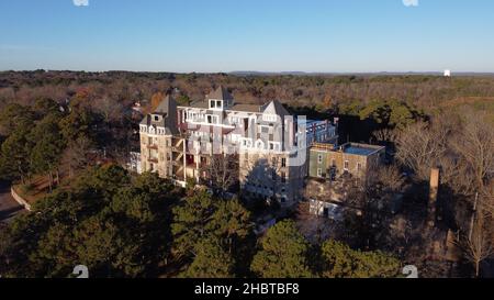 Aerial photography of the Crescent Hotel in Eureka Springs, Arkansas in the early morning of November 2021. Stock Photo