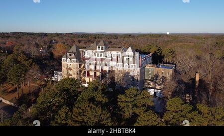 Aerial photography of the Crescent Hotel in Eureka Springs, Arkansas in the early morning of November 2021. Stock Photo