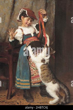 Krøyer Severin Peder - Private Collection - A little girl in peasant dress, playing with a cat - 1880 - oil on canvas 73,7 x 52,5 cm - Stock Photo