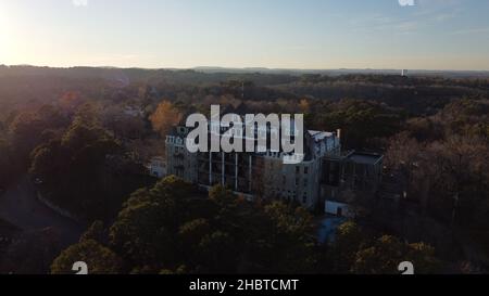 Aerial photography  of the Crescent Hotel in Eureka Springs, Arkansas in late afternoon of November 2021. Stock Photo