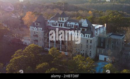 Aerial photography  of the Crescent Hotel in Eureka Springs, Arkansas in late afternoon of November 2021. Stock Photo