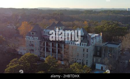 Aerial photography  of the Crescent Hotel in Eureka Springs, Arkansas in late afternoon of November 2021. Stock Photo