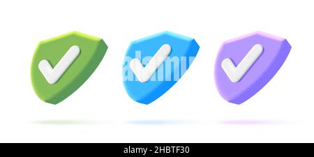 Set of Security 3d volume isometric icons of shield shape with tick sign Stock Vector