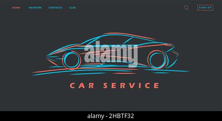 Car silhouette in lines concept. Web banner for car service company, linear dynamic illustration Stock Vector
