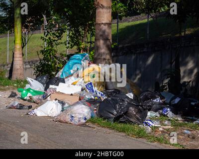 Medellin, Antioquia, Colombia - August 2 2021: Pile of Garbage Bags Accumulated on the Palm Tree to be Picked up by the Collection Truck Stock Photo